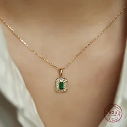 925 Sterling Silver Plated 18K Gold Vintage Green Zircon Pendant Necklace for Women High Quality Temperament Jewelry