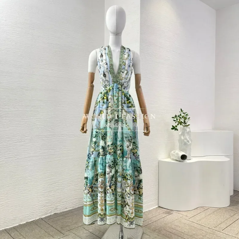 

High Quality Green Floral Print Sleeveless Halter Backless Deep V Neck Pleat Diamonds Midi Dress 2025 Silk