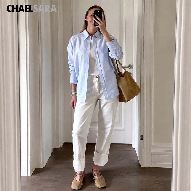 Chic Vintage Blue Long Sleeve Blouse for Women - Spring 2026