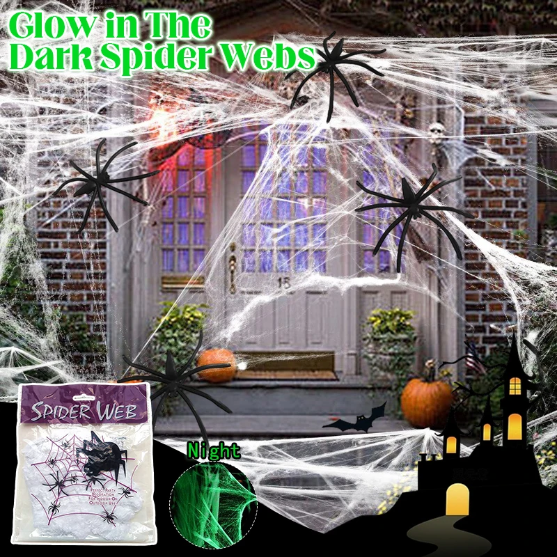 Glowing Spider Web with Spiders Stretchy Halloween Decor Party Hanging Oranment Haunted House Scene Layout Decorative Props