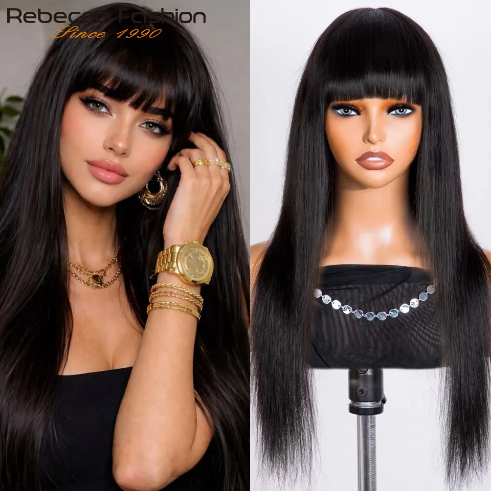 Straight Human Hair Wig With Bangs 100% Remy Human Hair Wigs Full Machine Made Wear And Go Wigs For Women Beginner Friendly