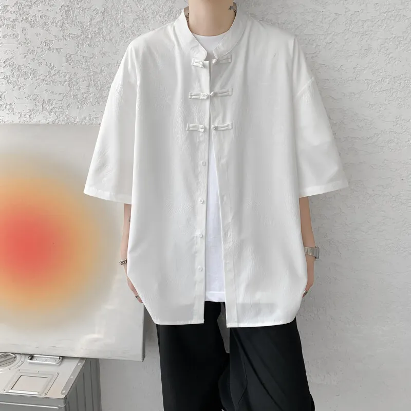 Men's Chinese Style Dragon Embroidered Shirt with Frog Button Closure & Mandarin Collar - Elegant Traditional Formal Wear M-5XL
