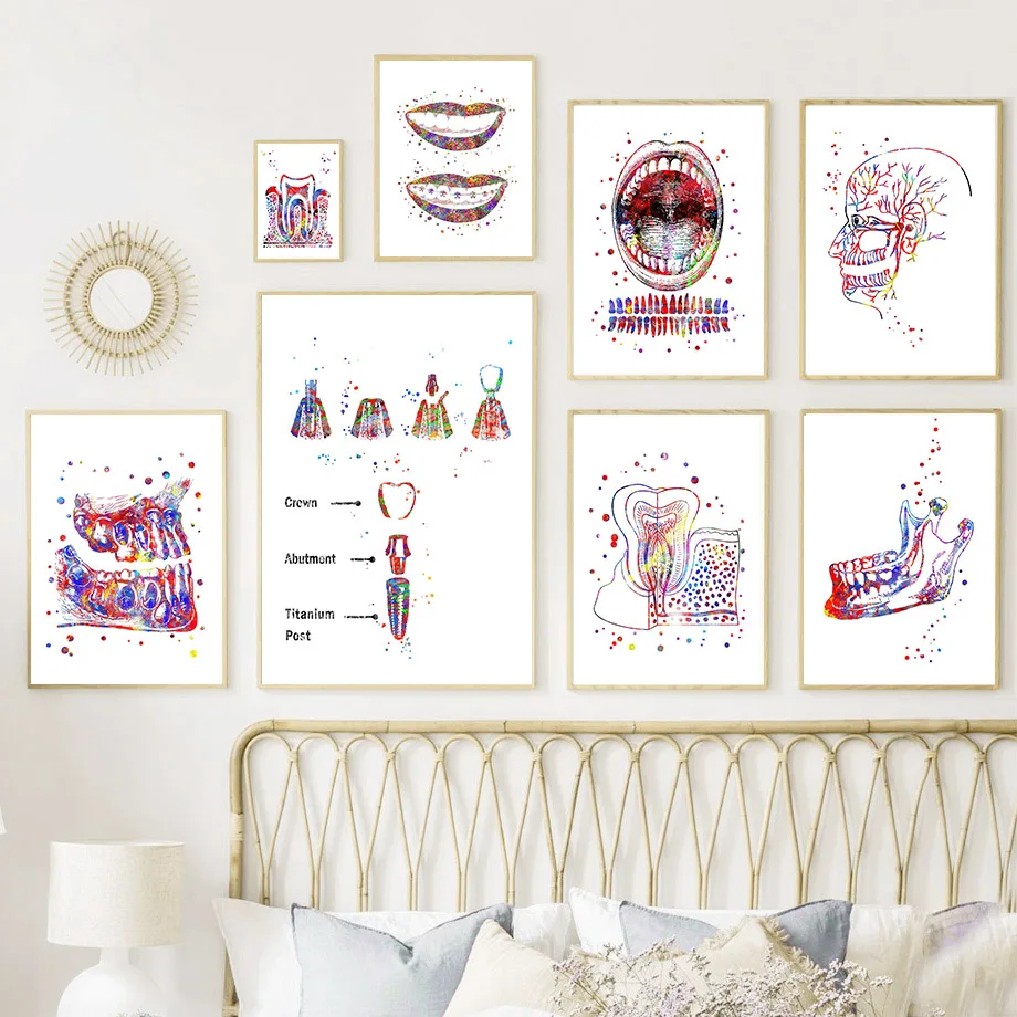 Watercolor Teeth Oral Health Dental Implant Posters And Prints Wall Art Canvas Painting Wall Pictures For Hospital Clinic Decor