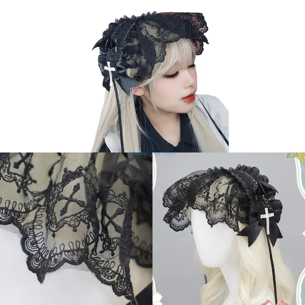 

652B Женщина бахновая обруча для волос с плиссированными кружевными карнивалами Ролевая игра монахиня вуаль.