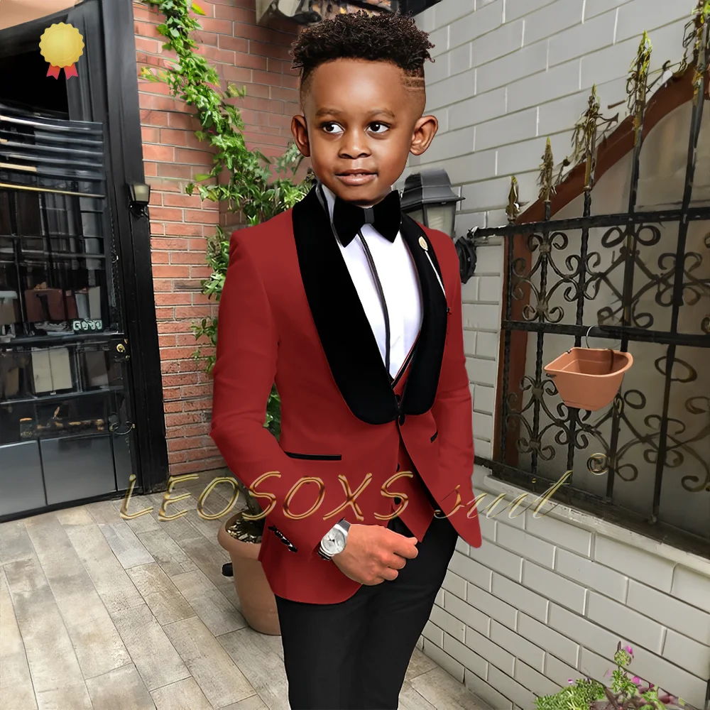 Boys' 3-piece black velvet collar suit set (shawl collar jacket, vest, and black trousers), children's wedding party attire