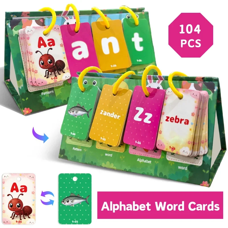 104 Pcs English Alphabet & Words Educational Learning Cards for Kids Children Vocabulary Builder Phonics Flashcards Flip Chart