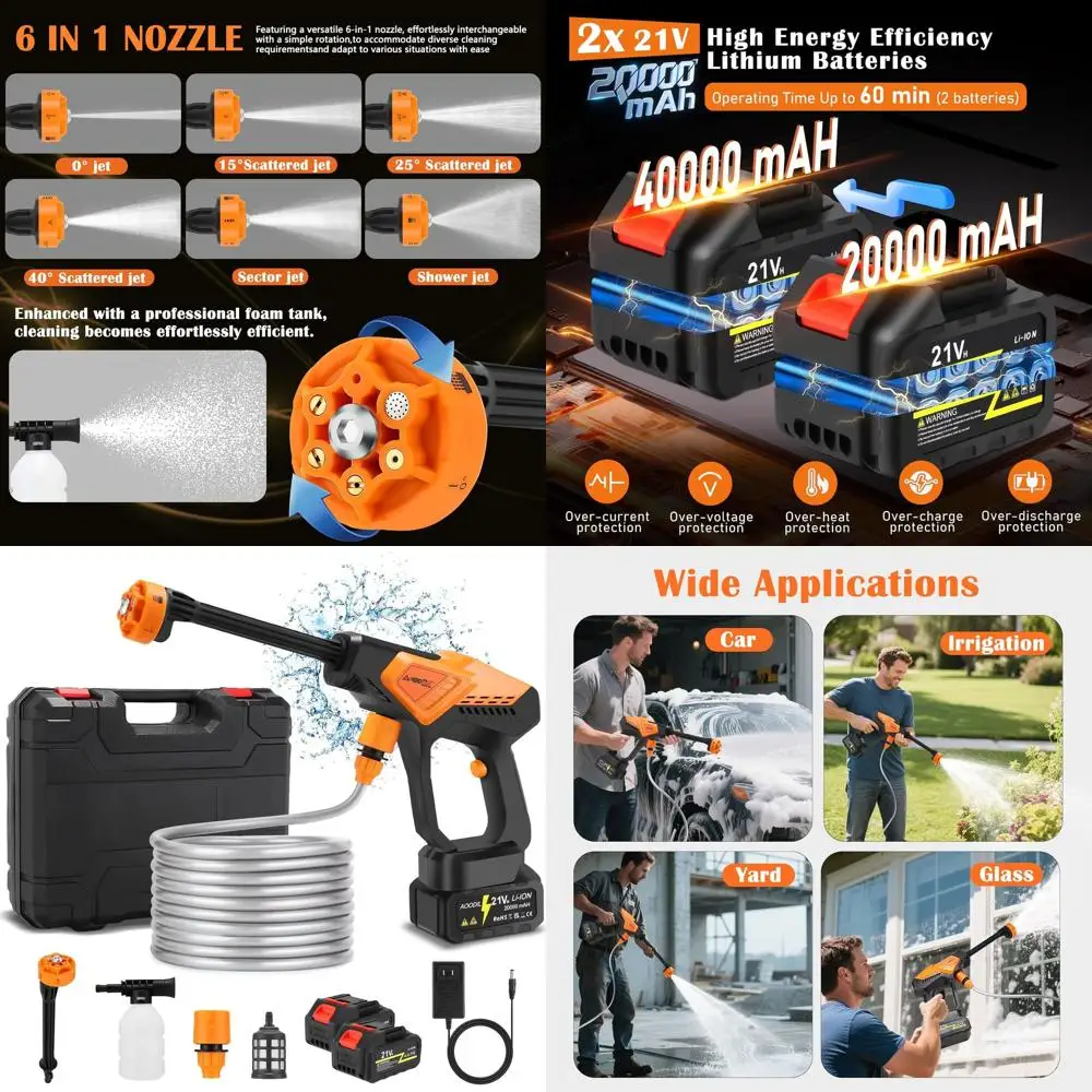 

Аккумуляторная портативная мойка высокого давления 6-в-1, 800 фунтов на кв. дюйм, 2 аккумулятора, шланг 5 м, жесткий кейс для автомобиля, дома и сада