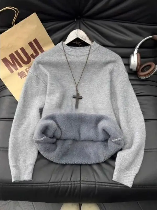 

Мужской теплый шерстяной свитер с начесом, круглой горловиной, повседневный, зимний, модный, американский бренд, вязаный...