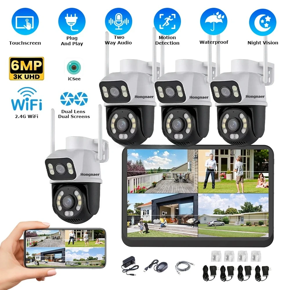 Hongnaer 6mp 4ch lente dupla casa ip vigilância sistema de câmera segurança kit icsee touchscreen lcd nvr sem fio wifi cctv sistema câmera
