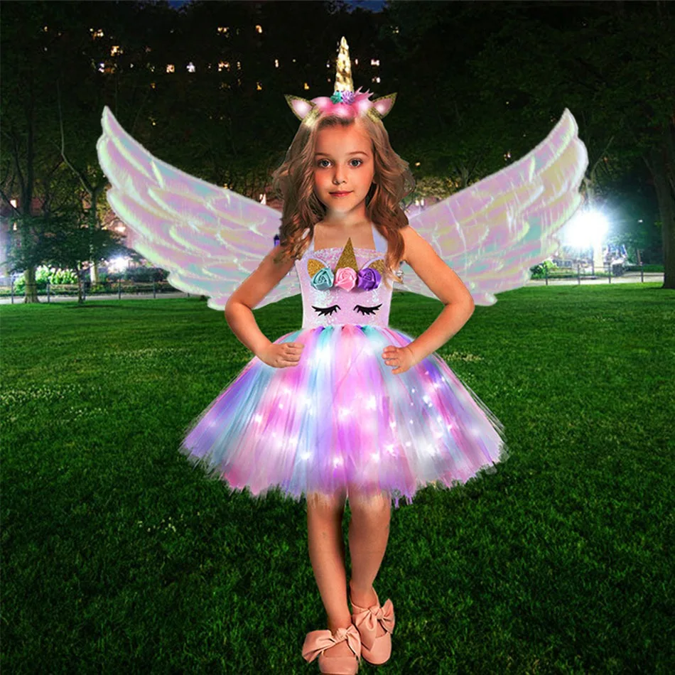 Little Girls Unicorn Cosplay Tutu Dress with LED Cute Cartoon Summer Mesh Princess Kids Glowing Dress Birthday Party for 2-10y