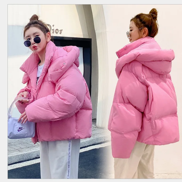 

Chic Streetwear Fluffy Cropped Jackets Autumn Winter Women Clothes Hooded Parkas Warm Long Sleeve Zip Cotton-padded Jacket Coat