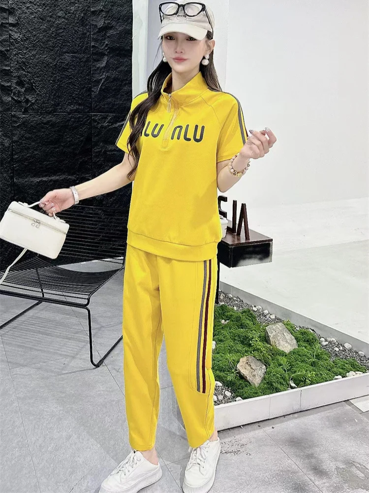 

Spring/Summer Stand up Collar Half Zipper Short Sleeve Top Casual Sports Pants Women 2025 New Fashiona Two piece Set