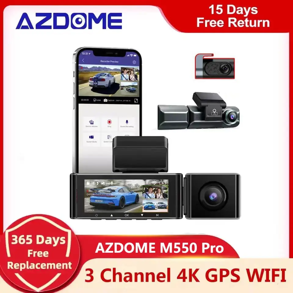 AZDOME M550 Pro: تقييم شامل للكاميرا الأمامية والخلفية والداخلية بجودة 4K لسيارتك