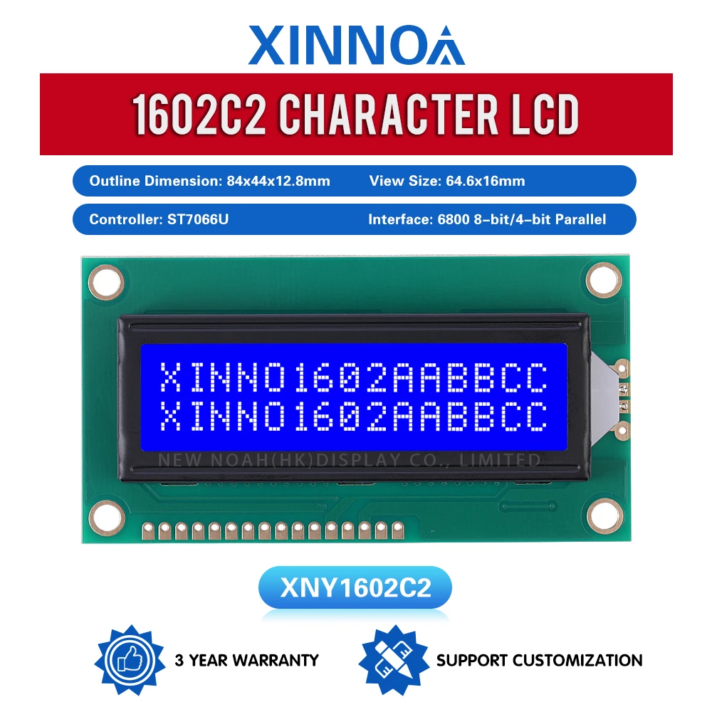 Blue Film White Letters Character LCD Module, Arduino Interface, Backlight, Built-In ST7066U, 1602C2, 1602C2, 16Pin, 84x44mm