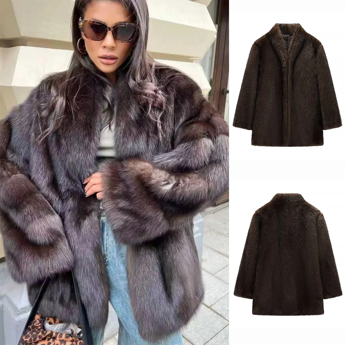 Invierno nuevo mujer Simple botón cálido decorado efecto piel Artificial largo cuello Sve abrigo de longitud media