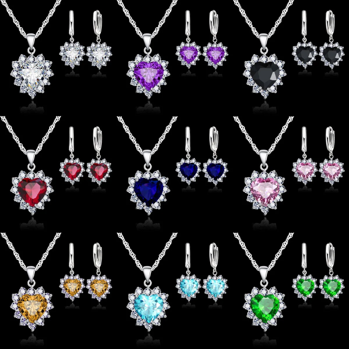 Engagement Heart Pendant Jewelry Sets For Women 925 Sterling Silver Cubic Zirconia Hoop Earrings Necklace Female Wedding Gifts