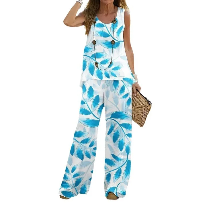 

2025 Summer Women Print Suit Pullover Sleeveless O-Neck Top Wide Leg Pants Set Two Piece Set New Loose Casual Women's suits