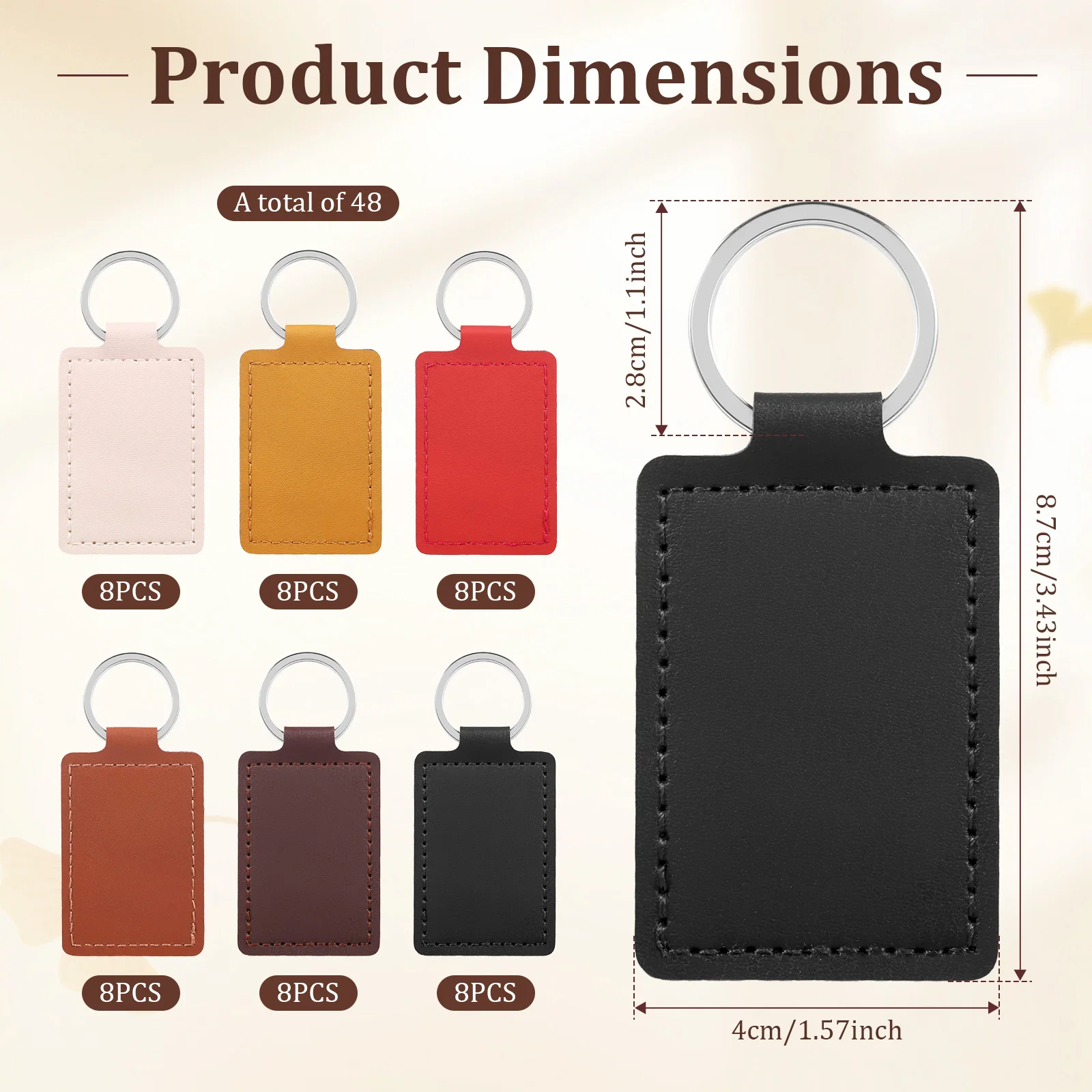 48Pcs Leather Key Fob Kit Rectangular Leather Keychain Blanks with Keychain Rings for Laser Engraving Stamping DIY Craft Working