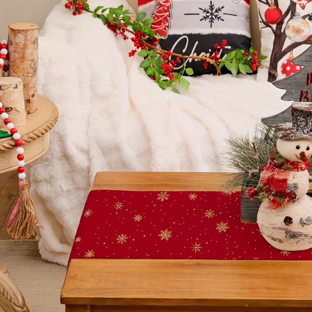 مفرش طاولة عيد الميلاد مستطيل لتزيين الطاولة الاحتفالية، تصميم أشجار عيد الميلاد الحمراء ورقاقات الثلج لمفرش طاولة العطلات