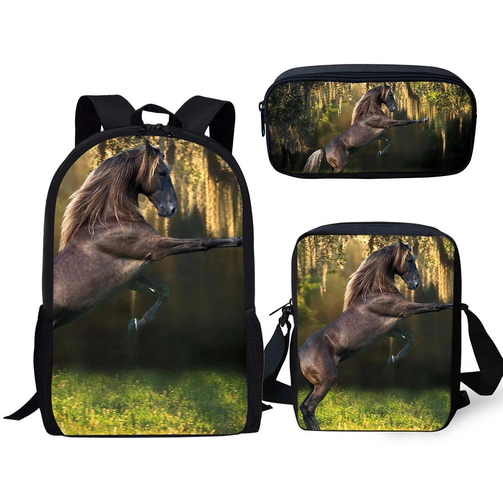 

2026 Harajuku Novelty Cool White Horse 3pcs/Set Backpack 3D Print School Student Bookbag Laptop Daypack Shoulder Bag Pencil Case