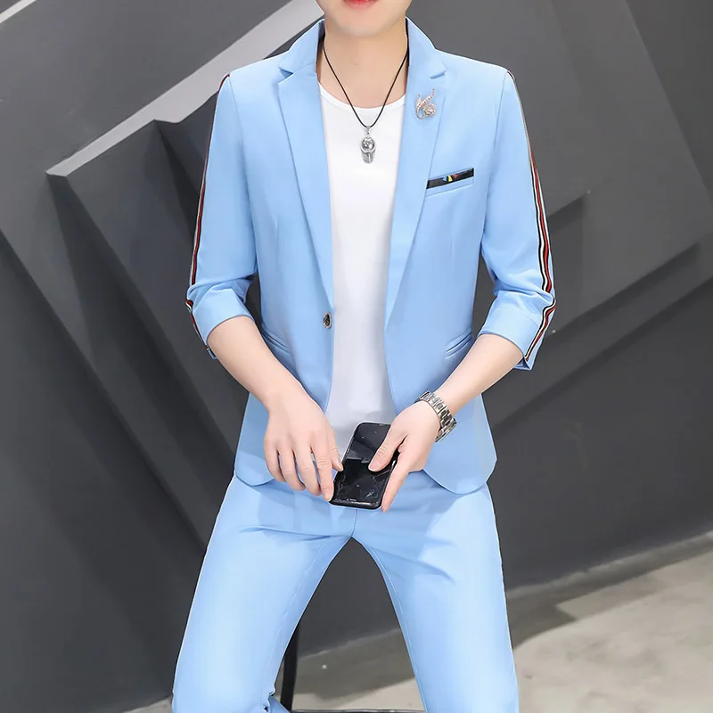 2024 Summer Suit (suit + Trousers) Korean Slim Mid-sleeved Casual Seven-point Sleeved Suit Fashion Handsome Two-piece Set  M-3XL