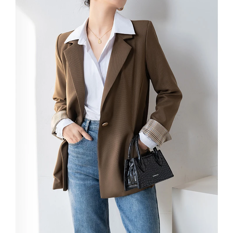 QOERLIN Stylish Brown Suit Jacket for Women Elegant Casual Blazer Long Sleeve Plaid Patchwork One Button Jacket Coat Office Lady