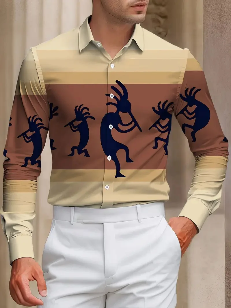 

Men's Western Style Ethnic Print Long Sleeve Shirt Black White Wolf Pattern Flap and Button Front Top