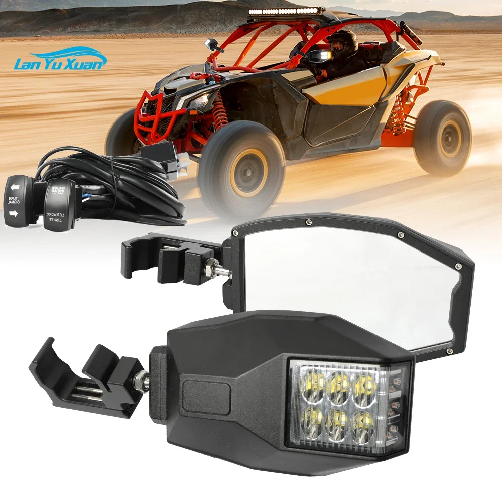 

Side by Side SXS Polaris Can-Am UTV RZR Aluminum Rear View Mirror LED Side Mirror with Turn Light for 1.75" Roll Bar