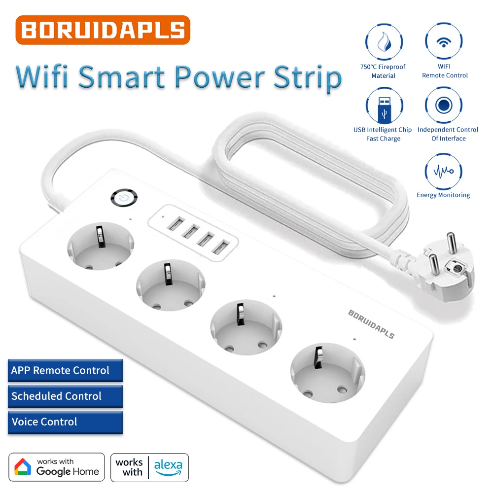 

BORUIDAPLS wifi Smart Power Strip Support Tuya Alexa Remote Voice Control Smart Socket Kitchen Accessory Energy Saving Metering