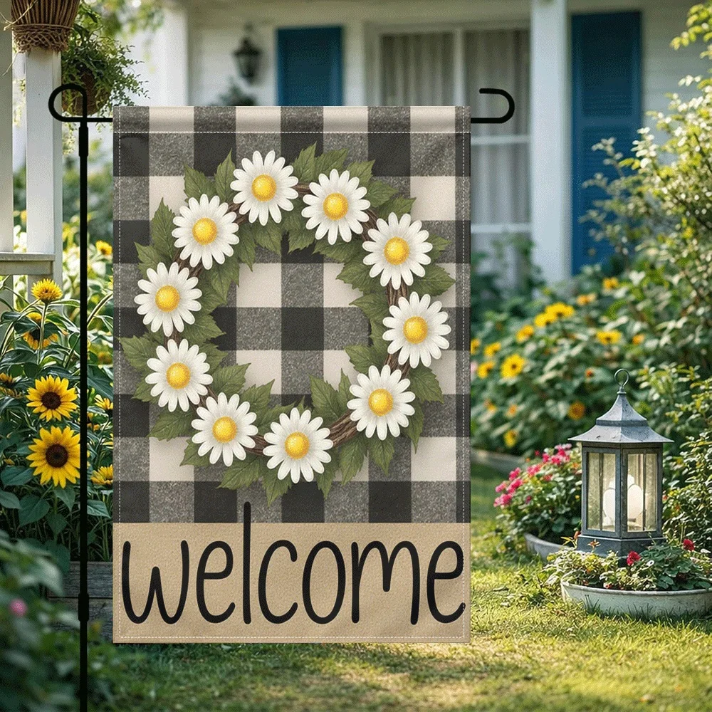 Bandera de jardín con diseño de margaritas, a cuadros, en blanco y negro, decorativa para exteriores, de doble cara, estilo rústico, 1 unidad