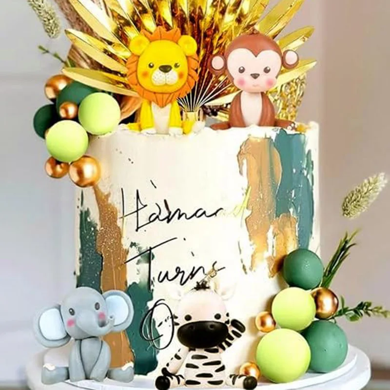 19pcs Elephant Lion Monkey Zebra Cake Topper Green Gold Cake topper Balls for Jungle Theme Birthday Party Baby Shower Decoration - view 5