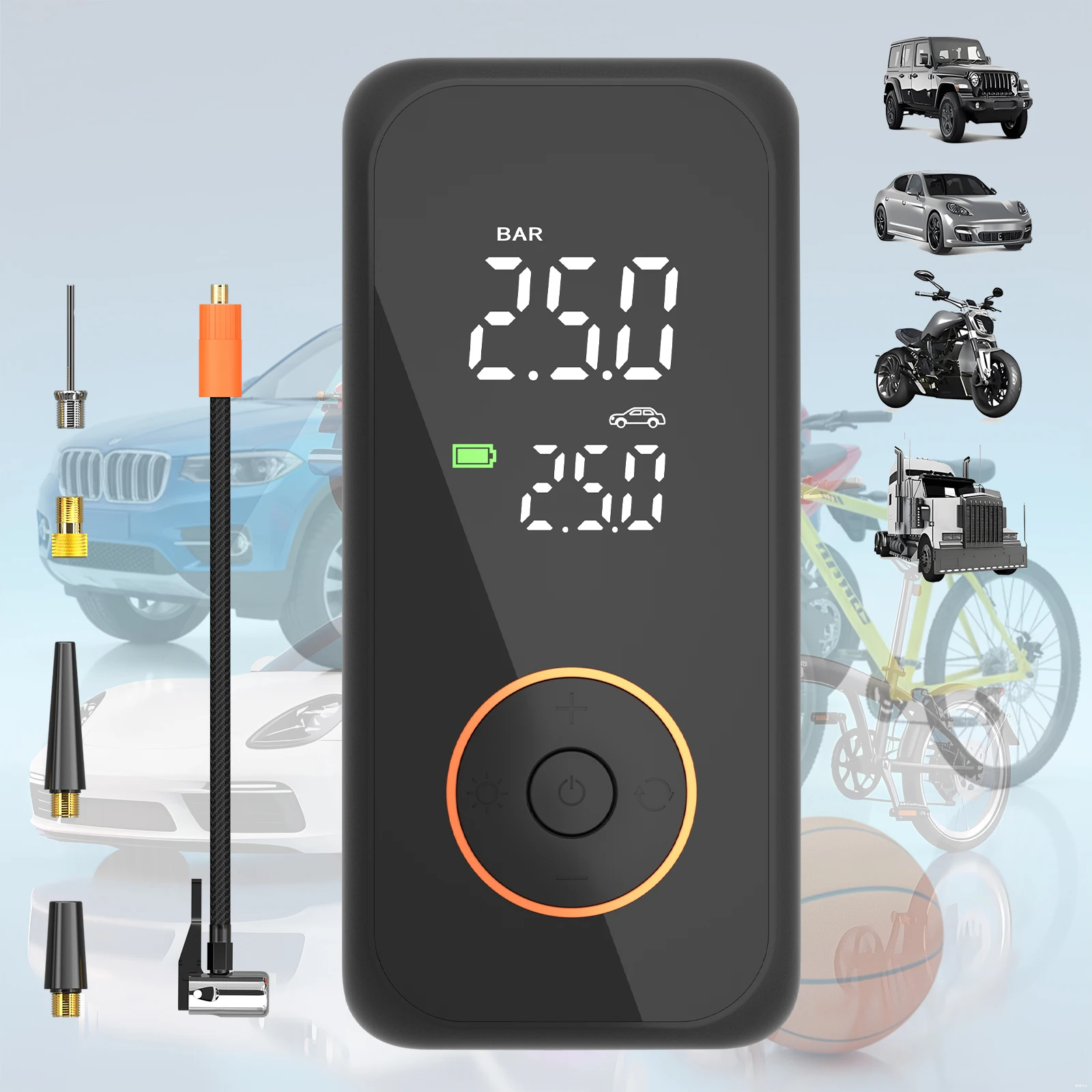 

Portable Plastic Tire Inflator for Compact Cars Electric Bikes Fast Inflate Digital Pressure Gauge Power Bank LED Light 150PSI