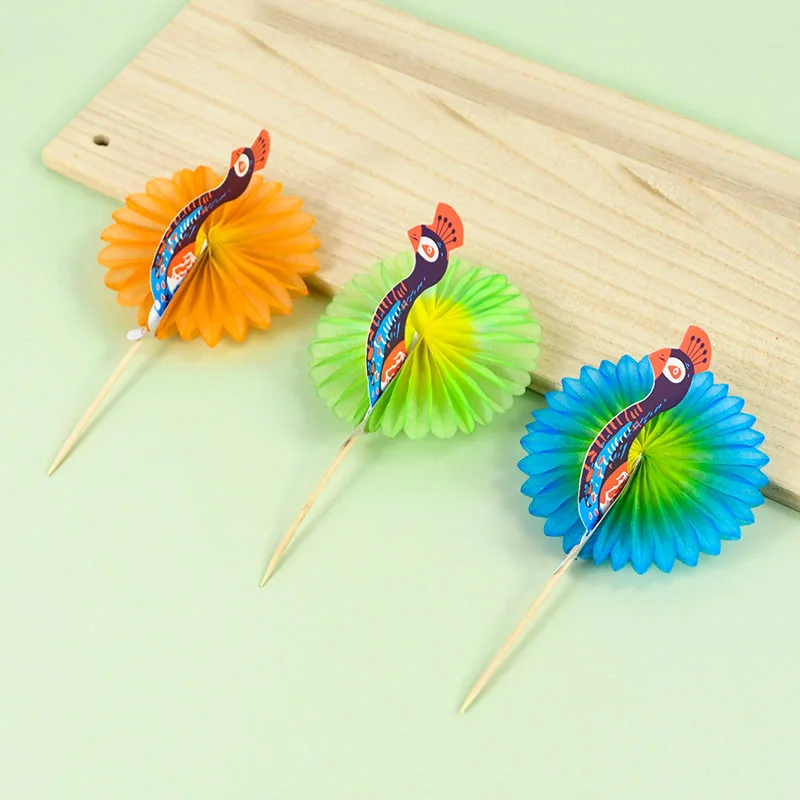 20/30/50pcs Cocktail Drink Picks Sticks Hawaiian Beach Drinking Decoration Umbrella Peacock Cake Topper Fruit Bamboo Toothpick