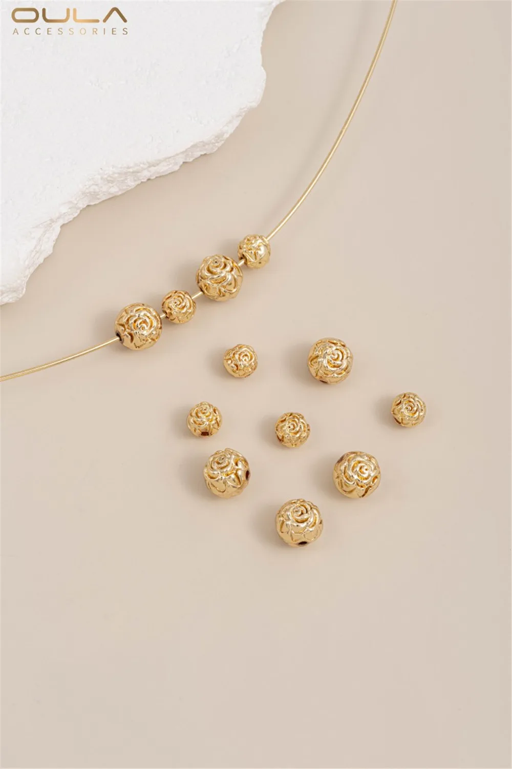 14K Gold Preserved Rose Round Beads with Through Holes, Handmade Beaded DIY Bracelet, Necklace Jewelry, Loose Bead Accessories