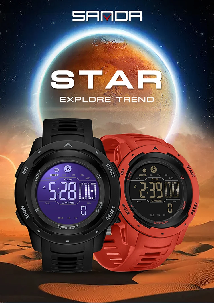 SANDA 2145 Herren-Sportuhr, Schrittzähler und Kalorienzähler, 50 m wasserdichte LED-Digital-Militärarmbanduhr, Relogio Masculino – Detail 1