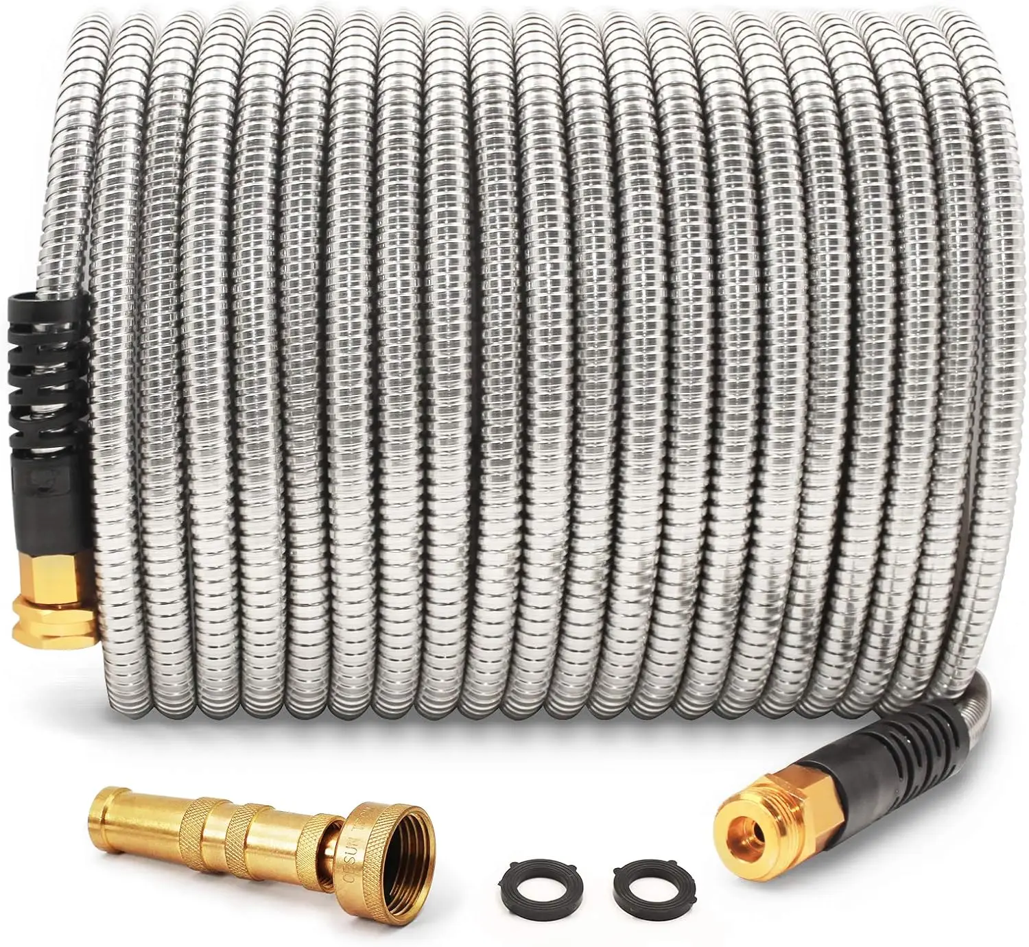 

50-футовый сверхмощный гибкий садовый шланг, нержавеющая сталь без изгиба для автофургонов, улицы, двора, газона