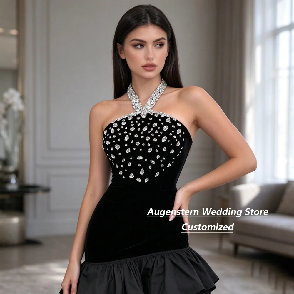 Customized Black Halter Rhinestone Satin Ruffle Mother Of The Bridal Dresses Mermaid Evening Gown Formal Dress For Women