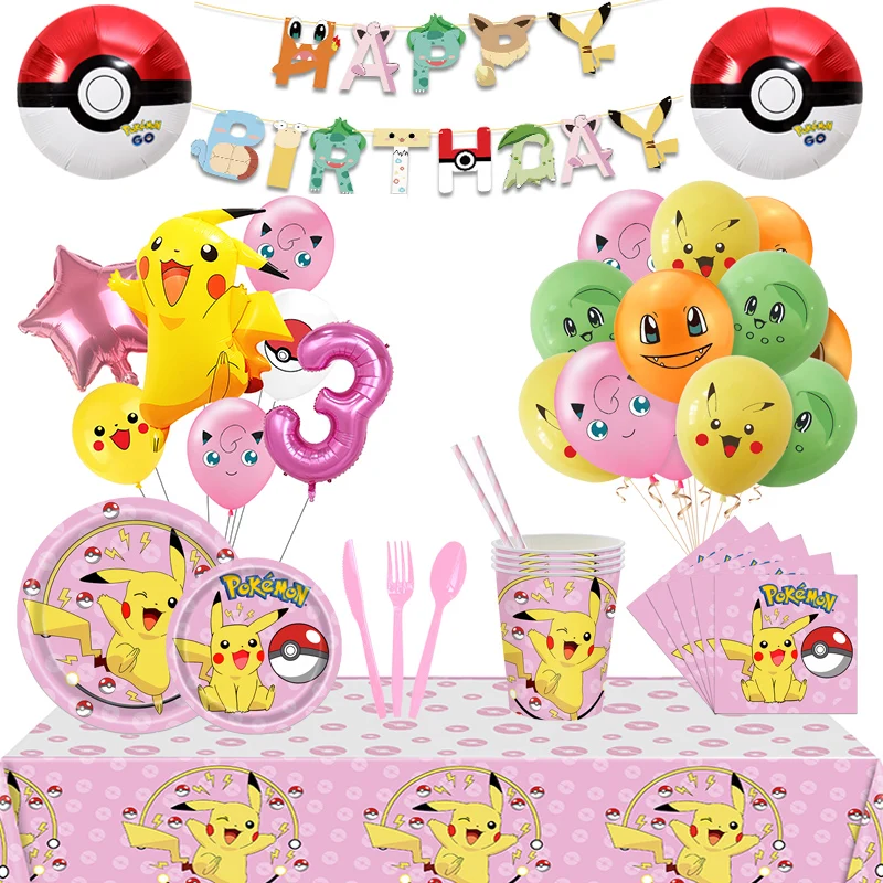 Pink Pokemon Birthday Party Decorations Pikachu Foil Balloons Disposable Tableware Plate Napkin Backdrop For Kids Party Supplies