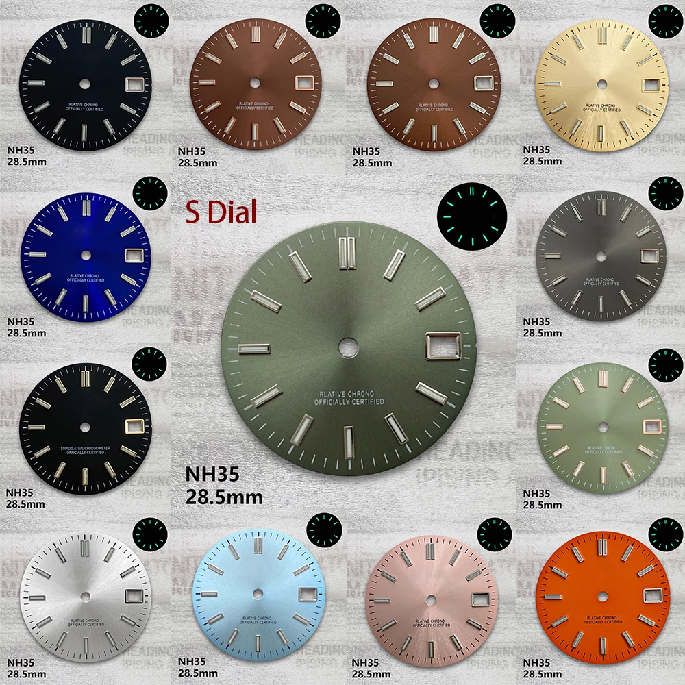 

28.5mm S Logo Sunray Dial Fit NH35/NH36/4R/7S Japan Movement Green Luminous High Quality Watch Modification Accessories