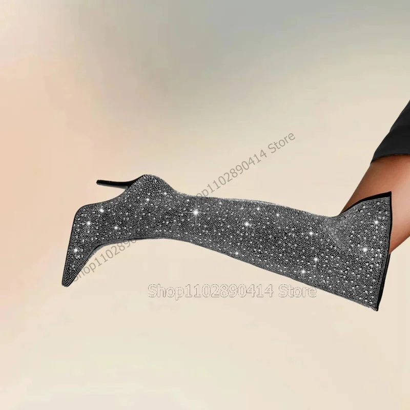 

Silver Rhinestone Decor Pointed Toe Boots Side Zipper Women Shoes Thin High Heels Fashion Party Banquet 2025 Zapatos Para Mujere