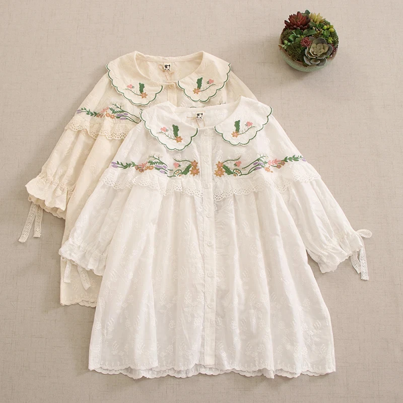 Summer Sweet Japanese Style Floral Embroidery Cotton Linen Shirt Women Cute Kawaii Peter Pan Collar Short Sleeve Casual Tops