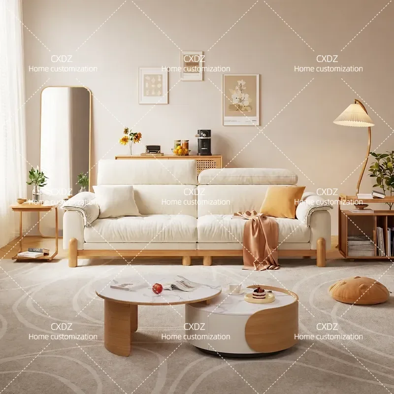 Modern Simple Solid Wood Fabric Sofa Japanese Style Straight Row Cream Living Room Small Apartment Nordic Log Sofa