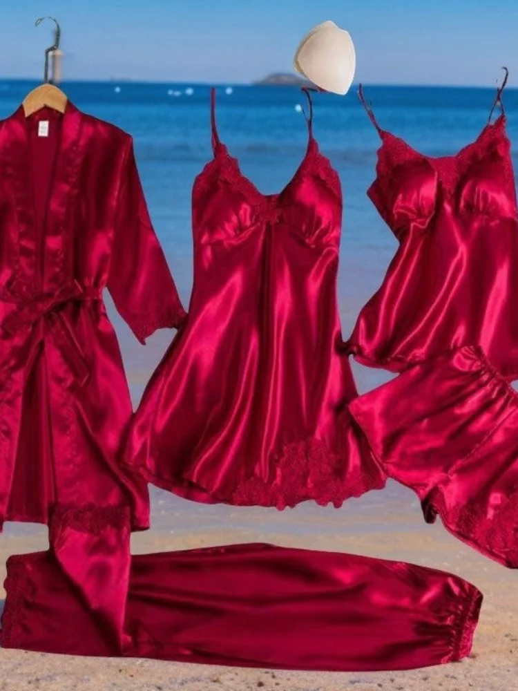 

5Pc Silk Robe Sleep Suit Spring Nightdress Womens Lace Satin Pajamas Gown Set V-Neck Cami Nighties Wear Pijama Home Nightwear