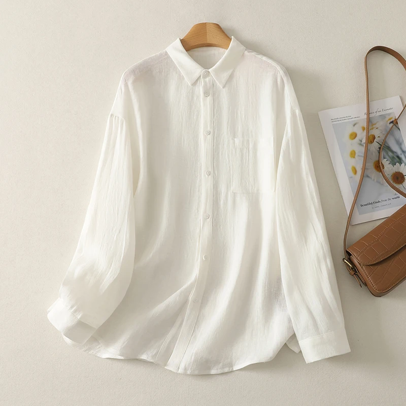 

Loose Cotton Linen Long Sve irt Cardigan Quali Early Autumn Lazy Artistic Basic Sle White Large irt Small irt