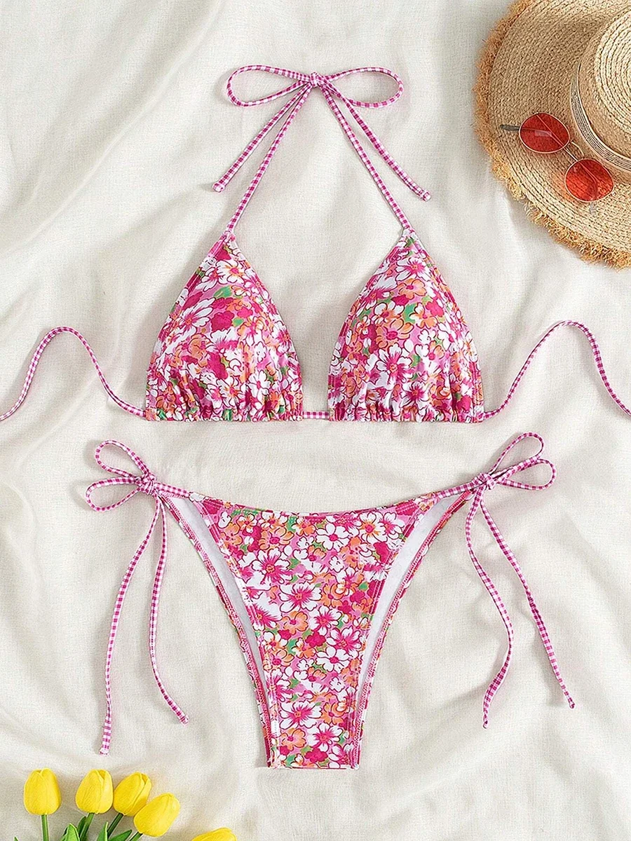 Swimsuit 2025 Female Micro Bikini Women Swimwear Summer Beachwear Women\'s Bathing Suit Floral Print Neck Halter Thong Bikini Set