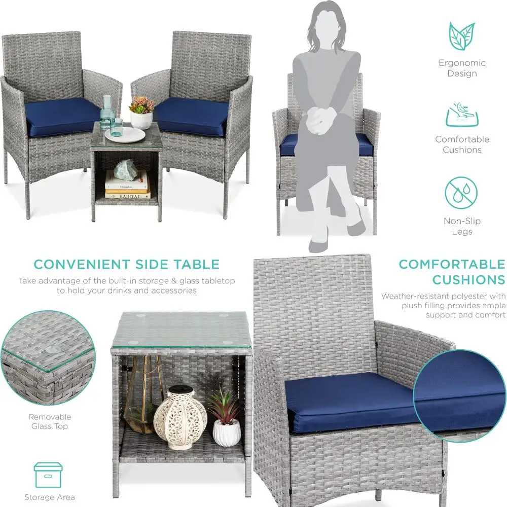 3-Piece Outdoor Wicker Bistro Set, Compact Garden Furniture with Side Table - Gray