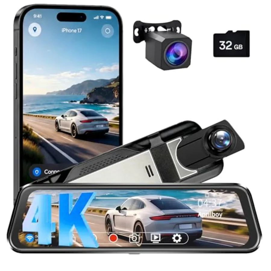 

Car dashboard mirror dual dash camera: 4K front + 1080p rear, aluminum alloy body, black, dual recording with WiFi app, WDR nig
