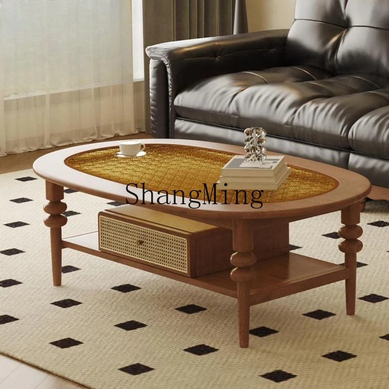 

CL Retro Solid Wood Round Coffee Table Oval Glass Rattan Woven Large andApartment Living Room Home Vintage Style Tea Table