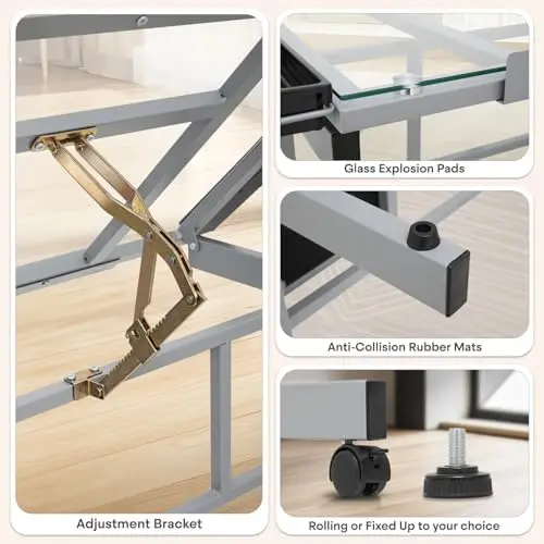 41" Drafting Table Adjustable Angle Drawing Table Tempered Glass Art Desk Metal Frame Craft Desk for Artist with Fabric view 5
