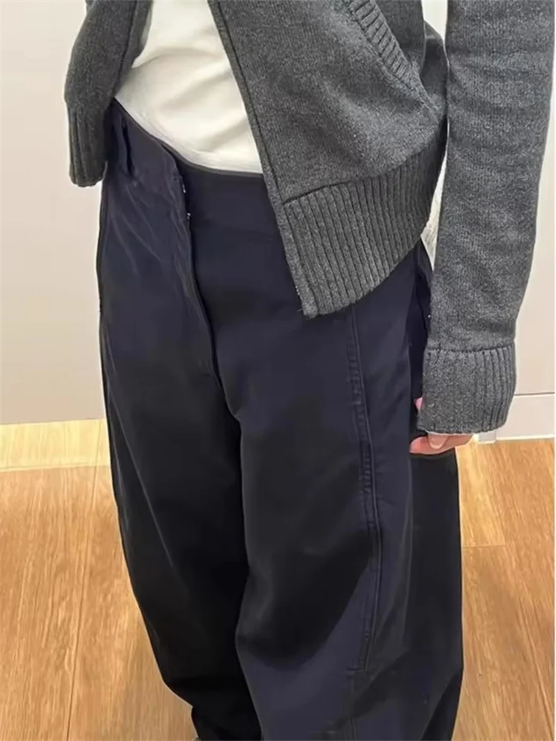 الرجعية الأمريكية سكين منحني الأزرق الداكن واسعة الساق مستقيم الجينز النساء ربيع الخريف عادية عالية الخصر بنطلون فضفاض سراويل تقليدية #5